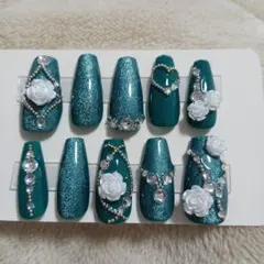成人式、グリーン、ストーン装飾ネイルチップ10個セット