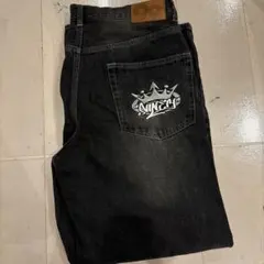 9090 ブラック ワイドレッグデニム L