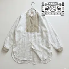 美品 中川政七商店 リネンシルク 切替バンドカラーシャツ 麻 絹 生成り 日本製のサムネイル