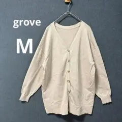 美品 grove グローブ M グレージュ Vネックカーディガン 長袖 長め丈のサムネイル