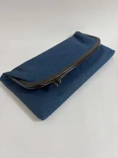 青色がま口ポーチ　布製