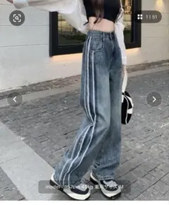 サイドフリンジワイドデニムパンツ　ブルー　M