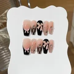 【S様限定】量産型ネイルチップ黒リボン×ピンク×ストーン／ガーリー系推し活