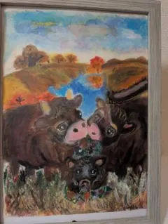 ハンドメイド 絵画 牛 親子 アート