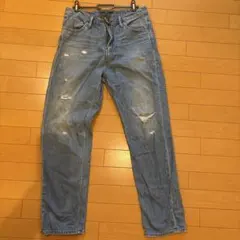 Heart market ダメージ加工 ライトブルー ストレートジーンズ