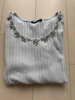 INGNI　水色ビジュー付きリブ編み半袖Tシャツ