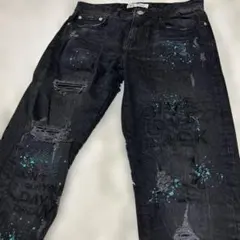 ZARA ザラ W30 ダメージ加工ストレッチデニム 刺繍 ペンキ加工 ブラック