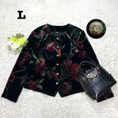 ノーカラージャケット　日本製　レトロ　ベロア調　フラワープリント　おしゃれボタン