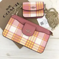新品 COACH ショルダーバッグ ピンク チェック ポーチ付き