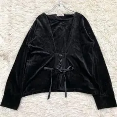1611 良品✨変形長袖カットソー ベロア 黒 レースアップ リボン 個性的