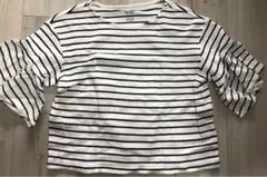 袖フリルショート丈ボーダー半袖トップスTシャツホワイト