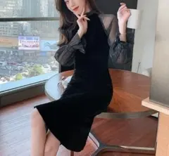 二次会 フォーマル 【再入荷】ベロア ブラック 韓国 L パーティー 黒 ドレス