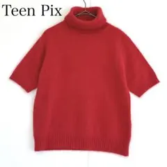 アンゴラ混タートルネックニット (M) 半袖 セーター フワフワ プルオーバー