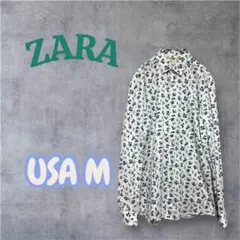 美品ZARA ザラ　フローラルプリントコットン長袖ボタンダウンシャツ USA M