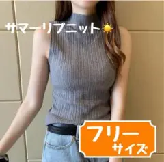 ノースリーブ　リブニット フリーサイズ　トップス ハイネック プリーツ　グレー