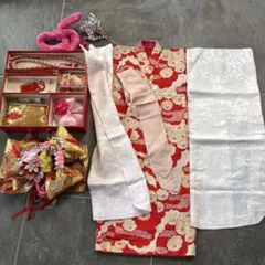 七五三用 昭和レトロ　赤色花柄着物と小物一式