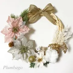 ピンク/シルバーポインセチア&リスのハンドメイドクリスマスリース