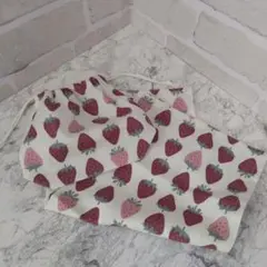 巾着とランチマットのセット　　オフホワイト系イチゴ柄