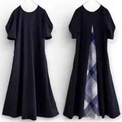 ブルーレーベルクレストブリッジ タックスリーブ ポンチドレス チェック ネイビー