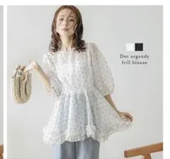 ドットオーガンジーフリルブラウス　シアーフリルトップス