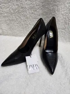 ZARA パンプス ピンヒール 25cm 黒 型押し ポインテッドトゥ