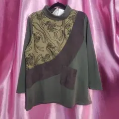 新品更にOFF❤ 刺繍デザイン 長袖チュニック カーキ系 切替