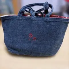 お花刺繍 デニム ミニトートバッグ 裏地 赤い花柄