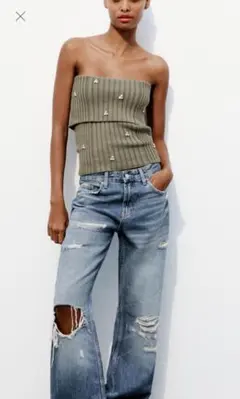 ラインストーンビーズ ニット オフショルダー トップス ザラ xs ZARA