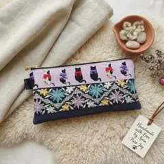 猫 cat インド刺繍×ヌビ フラットポーチ ハンドメイド（A836）