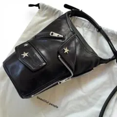 美品 ビューティフルピープル ライダース ドキュメントショルダーポーチ ブラック