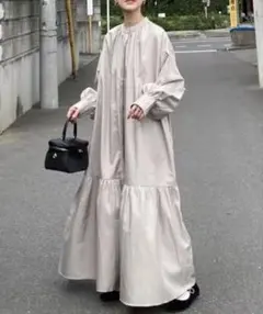 大人女子 ロングワンピース ぽわん袖 ティアード 羽織　マキシ丈 体型カバー