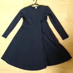 ネイビー 長袖 ボタン付きワンピース