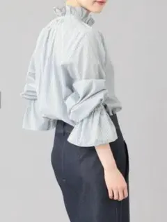 極美品✨　グリーン　ストライプ❤️　イエナ　ストライプコットンフリルブラウス