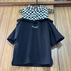 オフショルダー半袖シャツ ブラック・ホワイトチェック