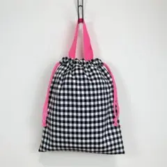 ギンガムチェック 持ち手付き巾着袋　30×25 ハンドメイド　靴袋