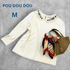 プードゥドゥ トップス 長袖 ベージュ M 刺繍襟 カットソー 丸襟