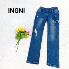 イング【S】スキニージーンズ　デニム　ダメージ加工　ポッケ　ボタン　ジップ