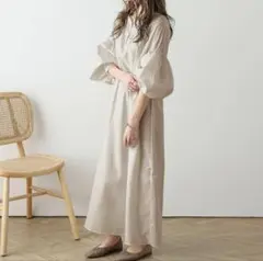 ベージュ バルーン袖 シャツワンピース 体型カバー マタニティ M