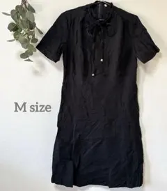 半袖ひざ丈ワンピース【M相当】黒いリボン付き ロング丈 冠婚葬祭 フォーマル