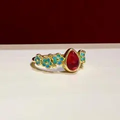 ヴィンテージ デザイン　花　フラワー　レッド　赤　ストーン　指輪　リング　レトロのサムネイル