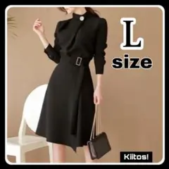 No9640 Lサイズ スリット入り フォーマルワンピース 長袖 膝丈 シック