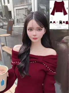 パールリボンオフショルダーニットトップス