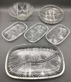 昭和レトロ クリスタルカットガラスプレート皿&ボウル&アシュトレイ6点ビンテージ