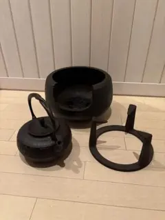 9D22 野々田製電熱器付き織部紅鉢風炉柿合わせ塗小板セット茶釜