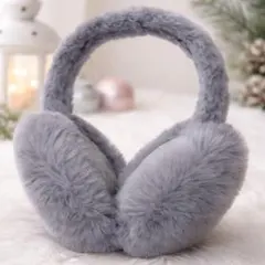 折りたたみ式イヤーマフ 耳あて　ふわふわ ファー ライトグレー　 冬防寒