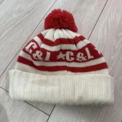 赤と白のストライプ ポンポンニット帽