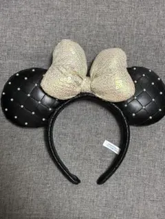 ディズニー ミニー カチューシャ パール キルティング 黒 ホワイトリボン