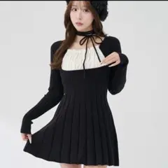 darichネックリボンデザインフレアニットミニワンピース BLK Free-L