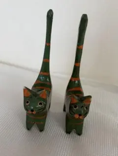 木製 猫の置物 2体セット グリーン