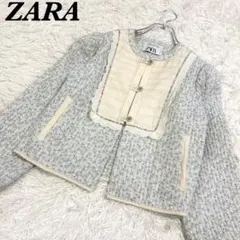 【ZARA 】花柄　キルティング ノーカラー　ジャケット　フリル　希少　リネン混